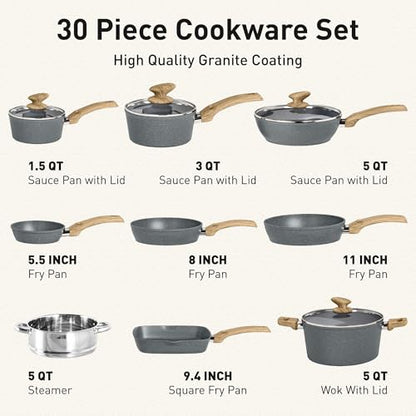 DishDelight Induction Pots and Pans Set Non Stick, 30 Piece Nonstick Kitchen Cookware Sets, Nonstick Granite Cooking Set Induction Pots and Pans, Grey