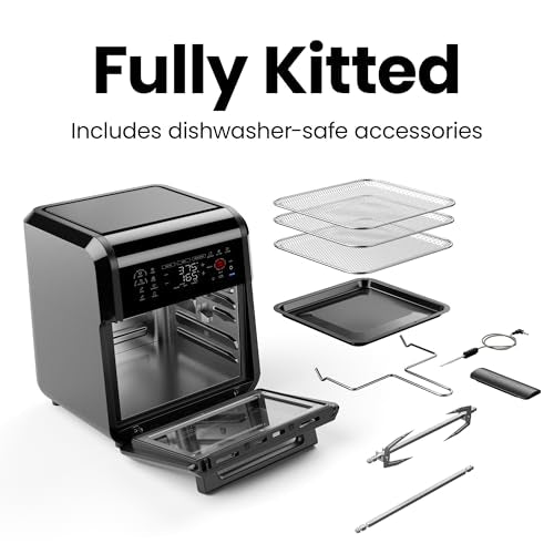 CHEFMAN ExacTemp™ 12 Quart 5-in-1 Air Fryer with Integrated Smart Cooking Thermometer, 28 Touchscreen Presets, Rotisserie, Dehydrator, Bake, XL Convection Oven with Auto Shutoff, Black