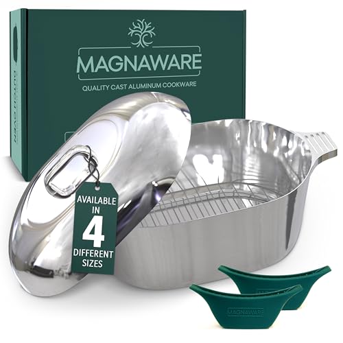 MAGNAWARE Cast Aluminum Oval Dutch Oven with Lid - 10 QT Heavy Duty & Lightweight Roaster Pan with Rack & Silicone Cover Dual Handles — Cajun Cookware for Roasting, Baking, Cooking (15" - Large)