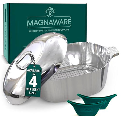 MAGNAWARE Cast Aluminum Oval Dutch Oven with Lid - 10 QT Heavy Duty & Lightweight Roaster Pan with Rack & Silicone Cover Dual Handles — Cajun Cookware for Roasting, Baking, Cooking (15" - Large)