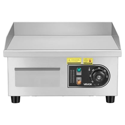 VEVOR 14" Commercial Electric Griddle,110V 1500W Electric Countertop Griddle Non-Stick Restaurant Teppanyaki flat top Grill Stainless Steel 122°F-572°F Adjustable Temperature Control(No Plug)