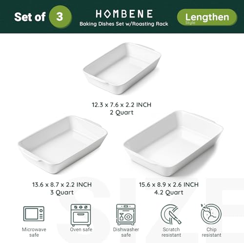 HOMBENE Casserole Dishes for Oven, Ceramic Baking Dishes Set of 3 with Roasting Racks, Rectangular Lasagna Pan with Handles for Baking, Gift, Dinner Microwave Oven Safe (2QT/3QT/4.2QT)
