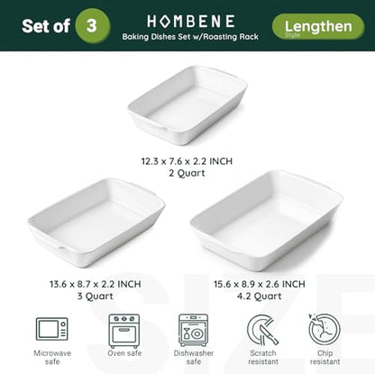 HOMBENE Casserole Dishes for Oven, Ceramic Baking Dishes Set of 3 with Roasting Racks, Rectangular Lasagna Pan with Handles for Baking, Gift, Dinner Microwave Oven Safe (2QT/3QT/4.2QT)