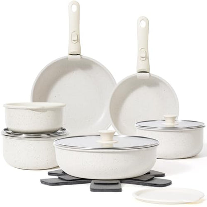 SODAY 18 Pcs Pots and Pans Set Non Stick, Cookware Sets with Detachable Handle, Nonstick RV Kitchen Cooking Tools Removable Handles, Oven Safe, Induction Fast, Stackable Induction Cookware, White
