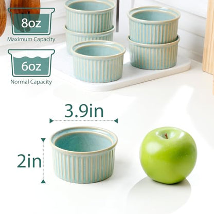 NUTRIUPS 6oz Ceramic Ramekins Set of 6, Vintage Souffle Dishes - Oven Safe Small Baking Bowls for Pudding, Creme Brulee & Custard (Vintage Green, 6 OZ)
