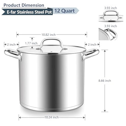 E-far 12 Quart Cooking Stock Pot, Large Stainless Steel Pot for Canning Simmering Stewing, Heavy Duty Cookware with Tri-ply Base for Induction Gas Stoves, Soup Pots with Glass Lid, Dishwasher Safe