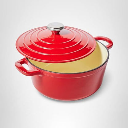 Sur La Table 4-Qt Enameled Cast Iron Dutch Oven – Oven & Broiler to 500°F, Induction Compatible, with Lid for Braising, Baking & Deep Frying, Nonstick Interior, Red