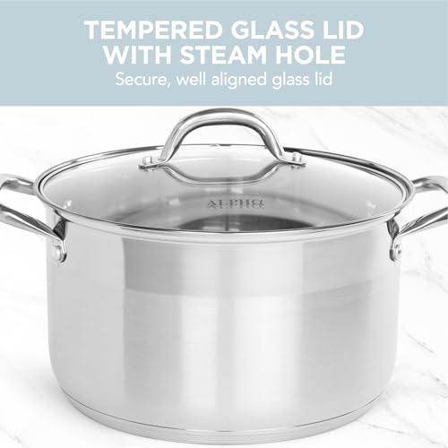 Alpha Living SP-08G Stainless Steel Pot with Capsule Bottom – Induction Compatible 8Qt Pot with Lid – Tri-Ply Ultra-Thick Bottom – Ideal for Spaghetti, Cooking, Canning, Boiling