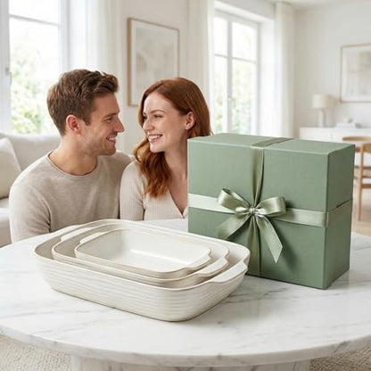 Feenmai Baking Dish for Oven, Ceramic Casserole Dishes Set for 3, Rectangular Lasagna Pan Deep, Baking Pans with Handle, 12.9“/10.8"/8.4" Bakeware Sets for Cake, Casserole, Kitchen Wedding Gifts, Arctic White