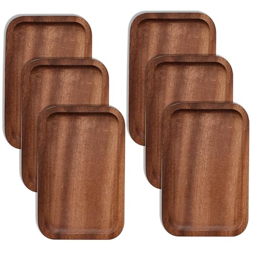 6 Pack Solid Wood Serving Platters and Trays of Natural Wood with Edge,Rectangular Avoid Sliding and Spilling Food