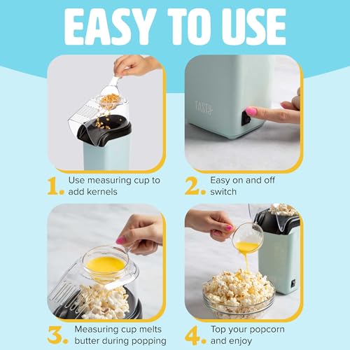 Tasty Hot Air Popcorn Popper, Healthy and Delicious Popcorn in Minutes, Fast and Easy-to-Use, Built-In Measuring Cup and Butter Warmer, 8 Cups, Aqua