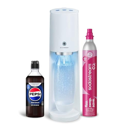 SodaStream - E-TERRA Soda Maker | STARTER KIT | 3 Automatic Carbonation Levels | Includes 1x CO2 Cylinder, 1x 32 Fl Oz Dishwasher Safe Bottle, 1x Pepsi Zero Sugar Mix, 1x Power Adapter | White