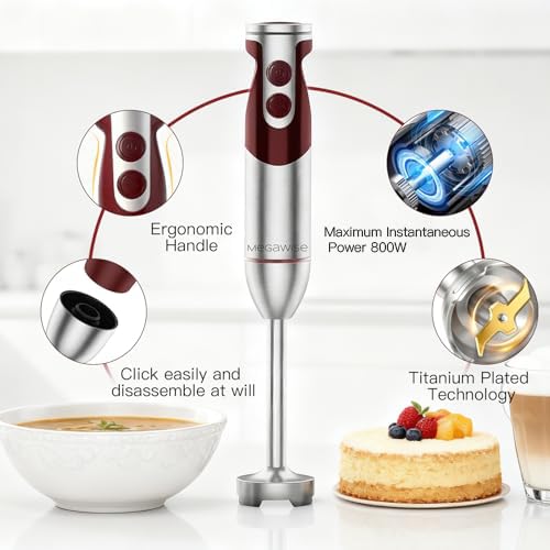 MEGAWISE 3-in-1 Immersion Hand Blender, 800W 12-Speed Stick Blender with Turbo, Egg Whisk & Milk Frother for Soups, Smoothies, Sauces and Baby Food, Red