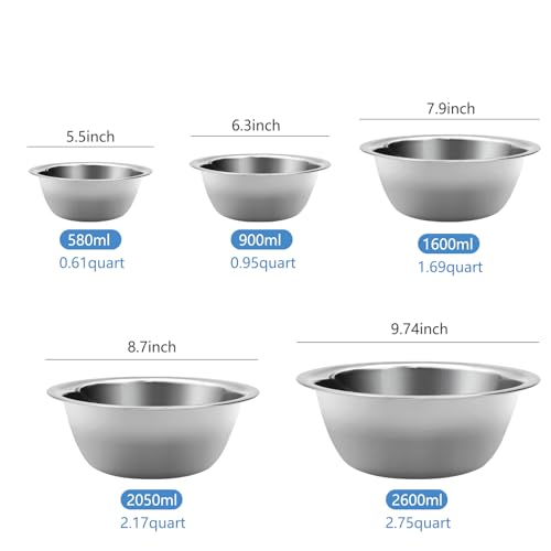 YGFRSTO Mixing Bowl Set of 5, Stainless Steel Mixing Bowls, Nesting Whisking Bowl Set for Cooking, Baking, Serving, Food/Salad Prep