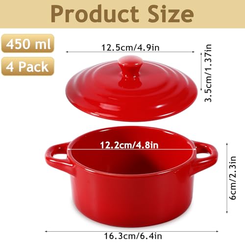 Gabotrie 4 Pcs Mini Cocotte Set, 16Oz Small Ceramic Casserole with Lids, Durable Soup Pot with Handle, Individual Baking Ramekins, Microwave, Oven & Dishwasher Safe, Red