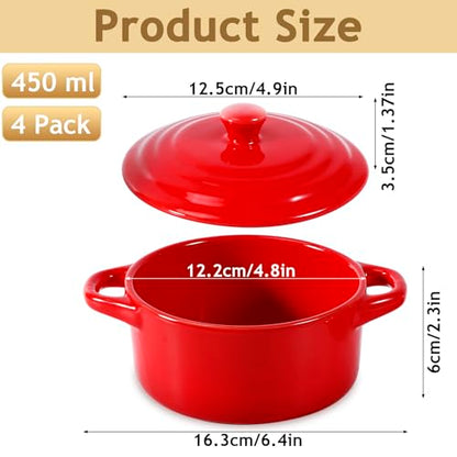 Gabotrie 4 Pcs Mini Cocotte Set, 16Oz Small Ceramic Casserole with Lids, Durable Soup Pot with Handle, Individual Baking Ramekins, Microwave, Oven & Dishwasher Safe, Red