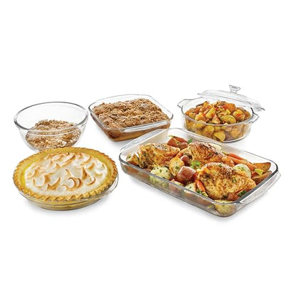 Libbey Baker’s Basics 5 Piece Glass Baking Dish Set with 1 Lid, Stackable, Clear Versatile Casserole Dish Set, Baking Glassware Set for Food Prep