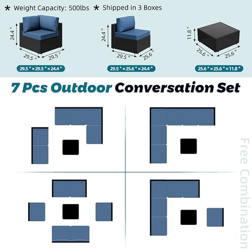 SUNLEI 7pcs Patio Conversation Sets Outdoor Furniture Sets, High Back All-Weather Rattan Sectional Sofa with Tea Table&Washable Couch Cushions(Black Rattan)(Aegean Blue)