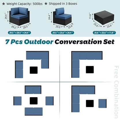 SUNLEI 7pcs Patio Conversation Sets Outdoor Furniture Sets, High Back All-Weather Rattan Sectional Sofa with Tea Table&Washable Couch Cushions(Black Rattan)(Aegean Blue)