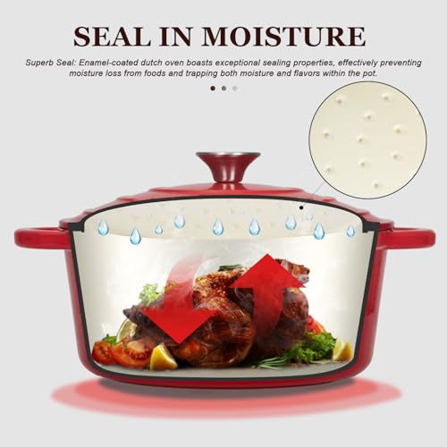 Overmont Enameled Cast Iron Dutch Oven - 4.5QT Pot with Lid Cookbook & Cotton Potholders - Heavy-Duty Cookware for Braising, Stews, Roasting, Sourdough Baking red