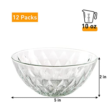 Jucoan 12 Pack 10 oz Small Glass Bowls, 5 Inch Diamond Cut Glass Prep Bowls, Stackable Salad Bowl for Dessert, Ice Cream, Fruit, Cereal, Candy, Yogurt