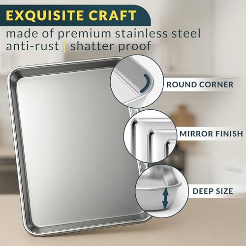 Baker’s Signature Stainless Steel Cookie Sheet Pan, Stainless Steel Baking Sheet Set of 3, Mirror Finish, Non-Stick, Rust Resistant, BPA Free, Dishwasher Safe, 9/12/16 Inch