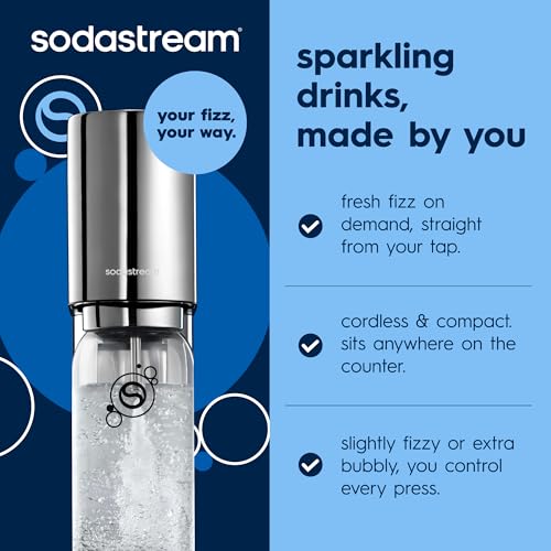 SodaStream ENSO Sparkling Water Maker, Stainless Steel Soda Maker, CQC CO2 System, Includes 1 Quick Connect 60L CO2 Cylinder, 1 Dishwasher Safe BPA Free Bottle, Make your own Pepsi, Silver