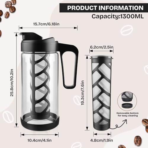 wedrink 44oz Cold Brew Coffee Maker, 1.3L Borosilicate Glass Cold Brew Pitcher with Comfortable Handle, Removable Filter & Anti-Slip Silicone Bottom