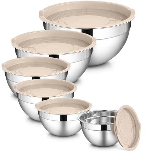 LIANYU 6 Piece Mixing Bowls with Lids Set, Size 7 & 3.5 & 2.5 & 2 & 1.5 & 1QT, Stainless Steel Cooking Serving Bowls, Metal Kitchen Nesting Bowl for Prepping & Food Storage, Dishwasher Safe, Khaki