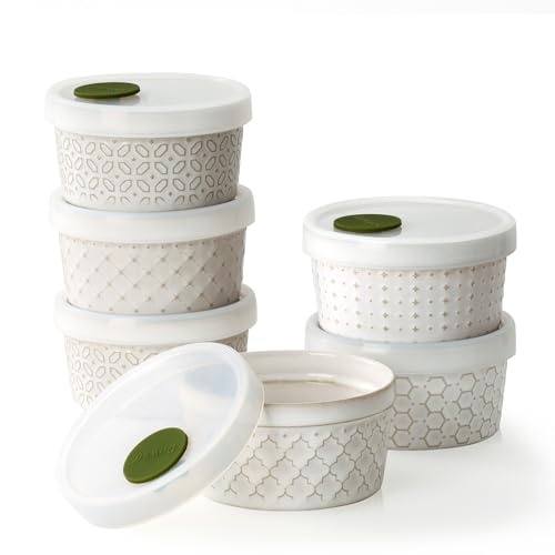DOWAN Ramekins Oven Safe with Lids 4 oz, Charcuterie Boards Bowls Set for Creme Brulee, Souffle, Dipping Sauces, Custard Cups Ceramic Food Storage Containers, Set of 6, Beige