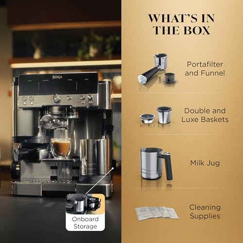 Ninja Luxe Café Premier 3-in-1 Espresso Machine, Drip Coffee, & Rapid Cold Brew | Built-in Coffee Grinder, Hands-Free Milk Frother, Assisted Tamper for Cappuccinos & Lattes | Stainless Steel | ES601
