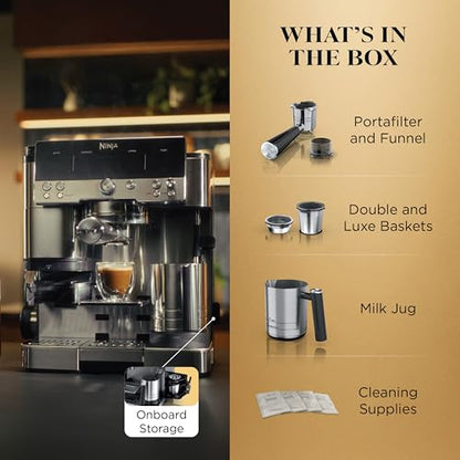 Ninja Luxe Café Premier 3-in-1 Espresso Machine, Drip Coffee, & Rapid Cold Brew | Built-in Coffee Grinder, Hands-Free Milk Frother, Assisted Tamper for Cappuccinos & Lattes | Stainless Steel | ES601