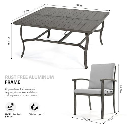 HAPPATIO 9 Piece Patio Dining Set, Aluminum Outdoor Dining Set for 8, 59" Large Square Dining Table with Umbrella Hole and 8 Chairs, Outdoor Table and Chairs for Lawn Yard Patio