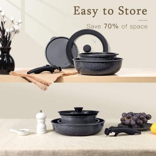 GiPP Ceramic Pots and Pans Set Non Stick, Nonstick Detachable Handle Cookware Sets, Healthy Non Toxic PFAS PFOA & PTFE Free, Dishwasher ＆Oven Safe, Induction Kitchen Pot and Pan, 21 Piece Grey