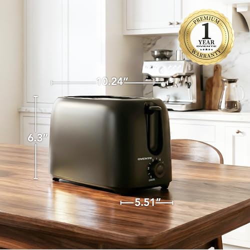 OVENTE Electric 2 Slice Toaster Machine with 6-Shade Browning Selector Setting, Compact Design and Removable Crumb Tray, 700W Power Perfect for Toasting Bread, Thin Bagels and Waffles, Black TP2210B