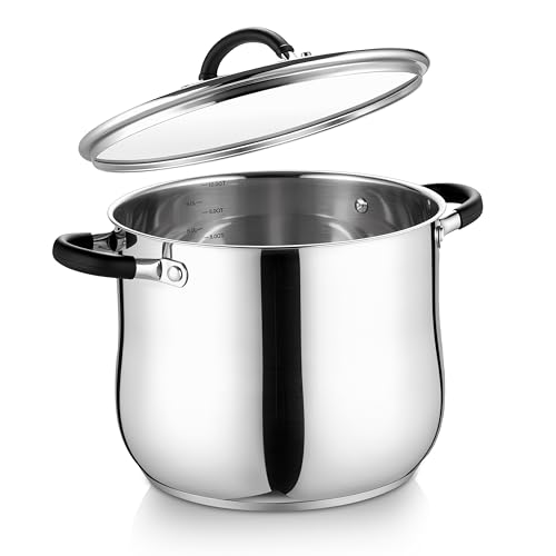 E-far 10 Quart Stock Pot, Stainless Steel Pot for Cooking Soup Simmering Stew, Tall Induction Pot with Visible Lid, Large Pot w/Tri-Ply Base & Dual Heat Proof Handles, Non-Toxic & Dishwasher Safe