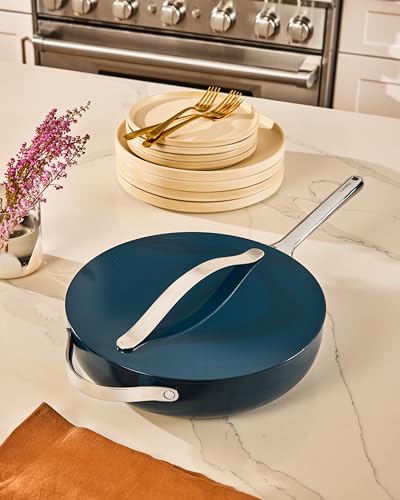 Caraway Nonstick Ceramic Sauté Pan with Lid (4.5 qt, 12") - Non Toxic, PTFE & PFOA Free - Oven Safe & Compatible with All Stovetops (Gas, Electric & Induction) - Navy
