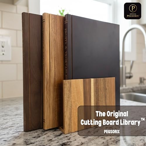 PEGSORIX The Cutting Board Library™ (Original Design) | Decorative Kitchen Board Collection Bundle with Display Stand | Premium Acacia Wood | Stabilized Non-Slip Base
