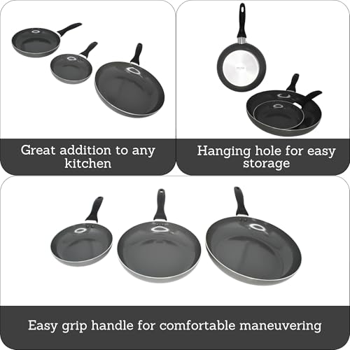 IMUSA Ceramic Nonstick Frying Pan Set, 3-Piece – 7”, 9” & 11” Gray Aluminum Skillets with Cool-Touch Handles – Ideal for Sautéing, Stir-Frying & Searing– Healthy Non-Stick Cookware for Home Kitchen