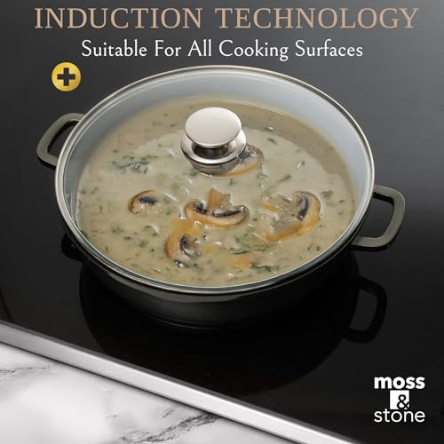 Moss & Stone 12 Inch Nonstick Large Skillet with Lid, 5 Quart Deep Saute Pan, Dishwasher & Oven Safe, Double Handled Frying Pan With Lid, PFOA Free Induction Compatible Cookware