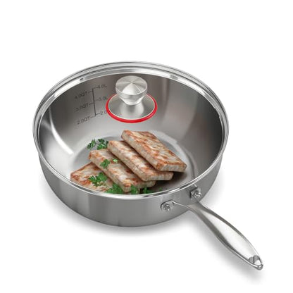 YeKuKing Tri-ply Stainless Steel Saute Pan 7.5-Quart with Clear Lid Deep Frying Pan for Chef's Cooking Wok Induction Oven Dishwasher Safe, Compatible with All Cooktops(Detachable Handle, 13Inch)
