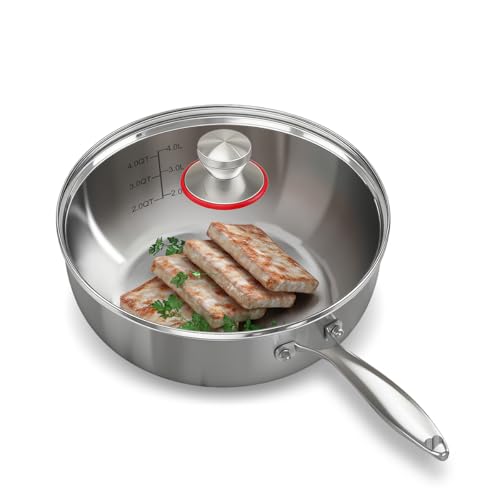 YeKuKing Tri-ply Stainless Steel Saute Pan 7.5-Quart with Clear Lid Deep Frying Pan for Chef's Cooking Wok Induction Oven Dishwasher Safe, Compatible with All Cooktops(Detachable Handle, 13Inch)