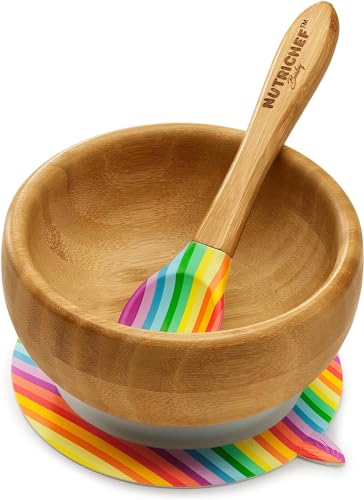 NutriChef Bamboo Baby Feeding Bowl - Wooden Infant Toddler Dish and Spoon Set w/Silicone Suction Base for Stay Put Eating, For Children Aged 4-72 Months (Stripe Bowl)