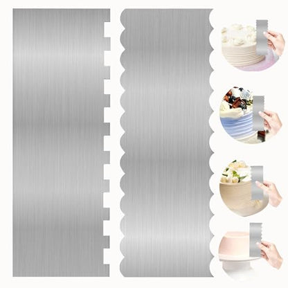2 Pcs Stainless Metal Cake Scraper Smoother Double Sided Patterned Edge Cake Decorating Supplies Spatula Frosting Icing Tools Comb for Icing Cakes Buttercream Decorating