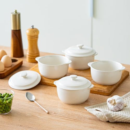 4-Pack Ceramic Mini Cocotte Set, 10 Oz Stoneware Casserole Dishes with Handles & Lids, Oven-Safe Ramekins for Soufflé, Soup, Cobbler & Baking, Individual Serving Bakeware, Off White