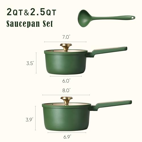 CAROTE 2QT & 2.5QT Sauce Pan Sets with Lid & Ladle Cooking Pots Nonstick Saucepans Cookware Set Small Kitchen Pot, Induction Comptable, Easy to Clean, PFOA FREE (Green)