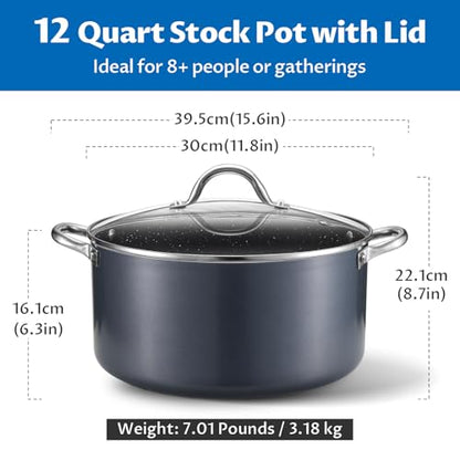 BEZIA 12 Quart Cooking Pot, Large Non Stick Induction Stock Pots with Lid, All Stove Compatible, 12 QT Aluminum Soup/Stew Pot For Big Gatherings, Grey