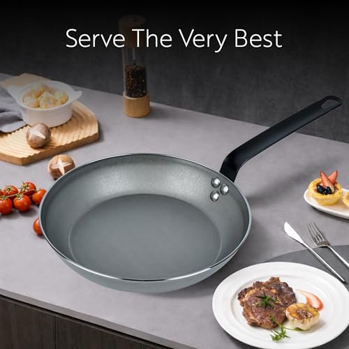 Restaurantware Met Lux 16 Inch Fry Pan, 1 No-Stick Frying Pan - Induction-Ready, Triple-Riveted, Silver Carbon Steel Cooking Skillet, Durable, For Searing, Sauteing, And Browning Food