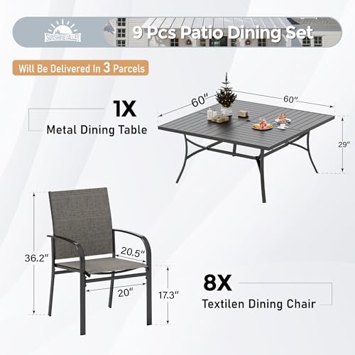 SUNSHINE VALLEY Patio Dining Set for 8, 60" x 60" Square Metal Table with Umbrella Hole, 8 x Stable Brown Dining Chairs, Outdoor Table and Chairs Set for Lawn Backyard and Deck