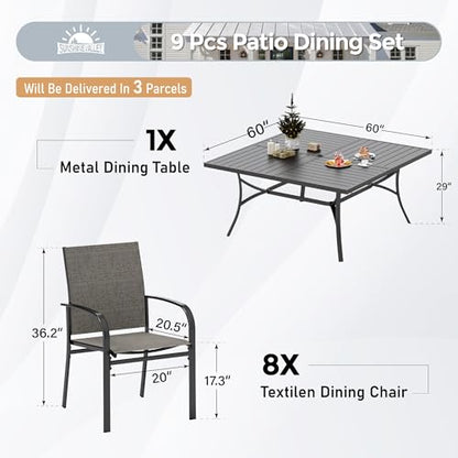 SUNSHINE VALLEY Patio Dining Set for 8, 60" x 60" Square Metal Table with Umbrella Hole, 8 x Stable Brown Dining Chairs, Outdoor Table and Chairs Set for Lawn Backyard and Deck